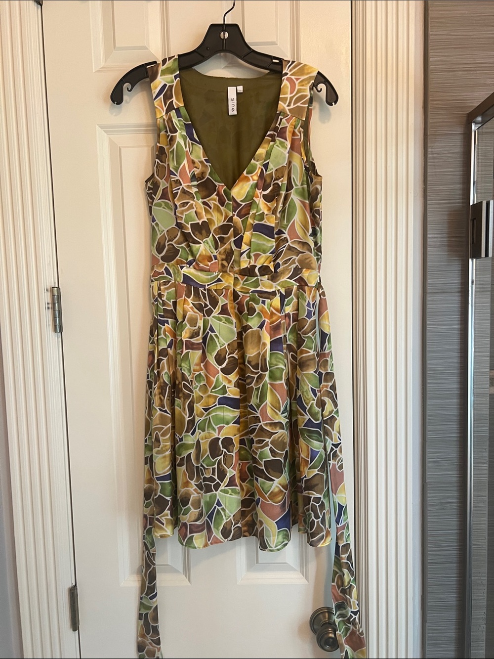 Stunning Sleeveless V-Neck Fit & Flare Dress in Olive Multi by Sine